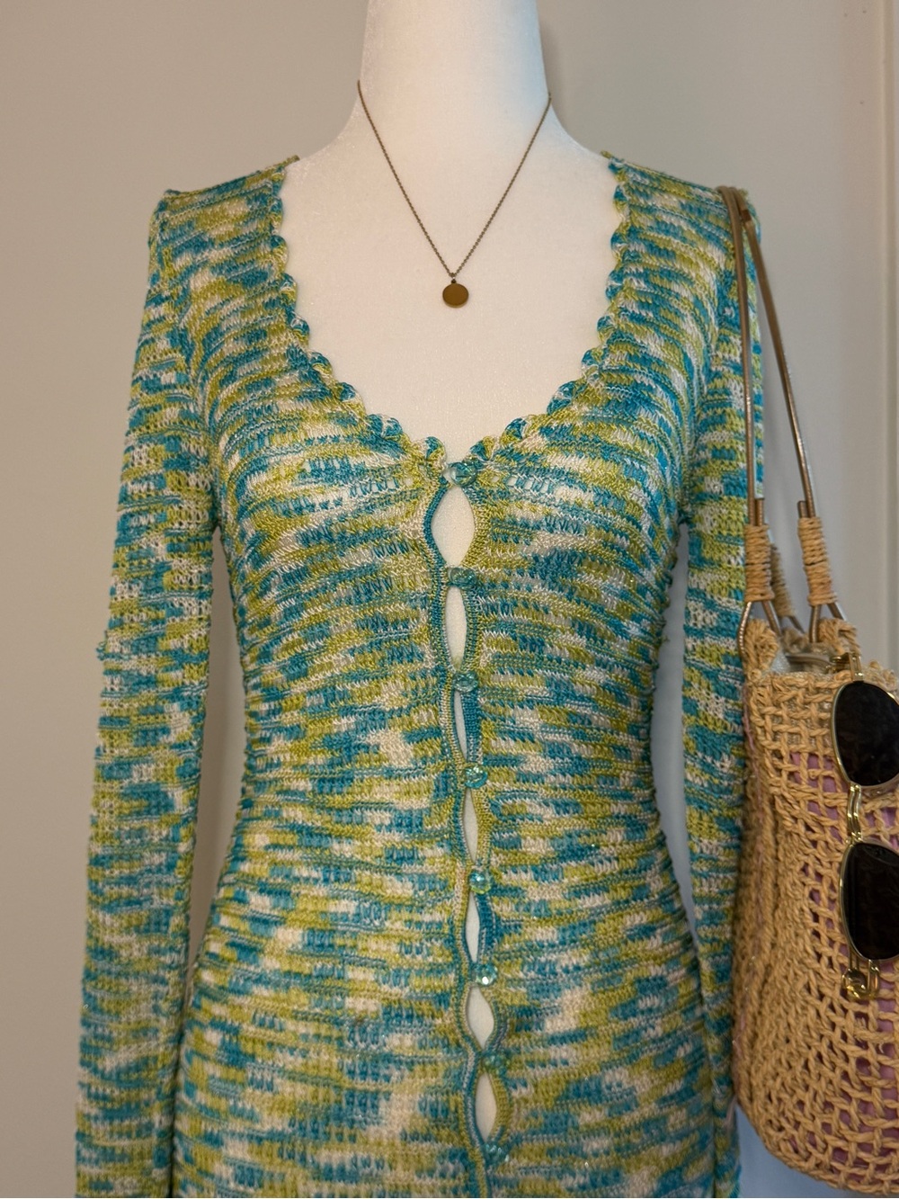 Jennifer Lopez Teal, Lime & Cream Open-Weave V-Neck Coverup Dress S